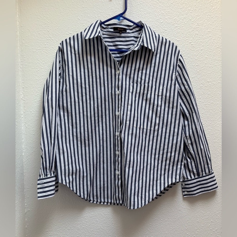 Quince 100% Organic Cotton Blue White Poplin Long Sleeve Boyfriend Shirt Size XS
